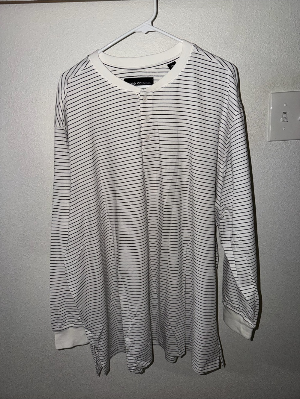Good Counsel Striped Long-Sleeve Henley Shirt -White with Thin Black Stripes NWT